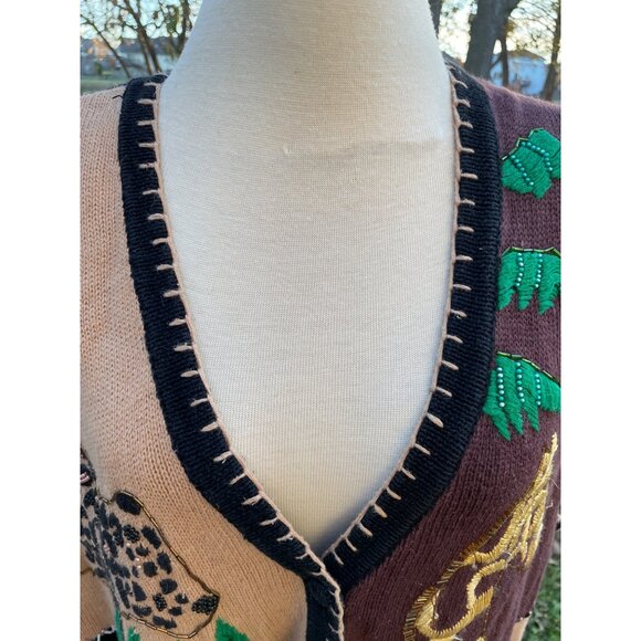 Safari Animal Embroidered Sweater Vest XL Black/Brown Cotton Blend Vintage Studi - Picture 8 of 11